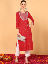 Women Red Cotton Leheriya Printed Straight Kurta